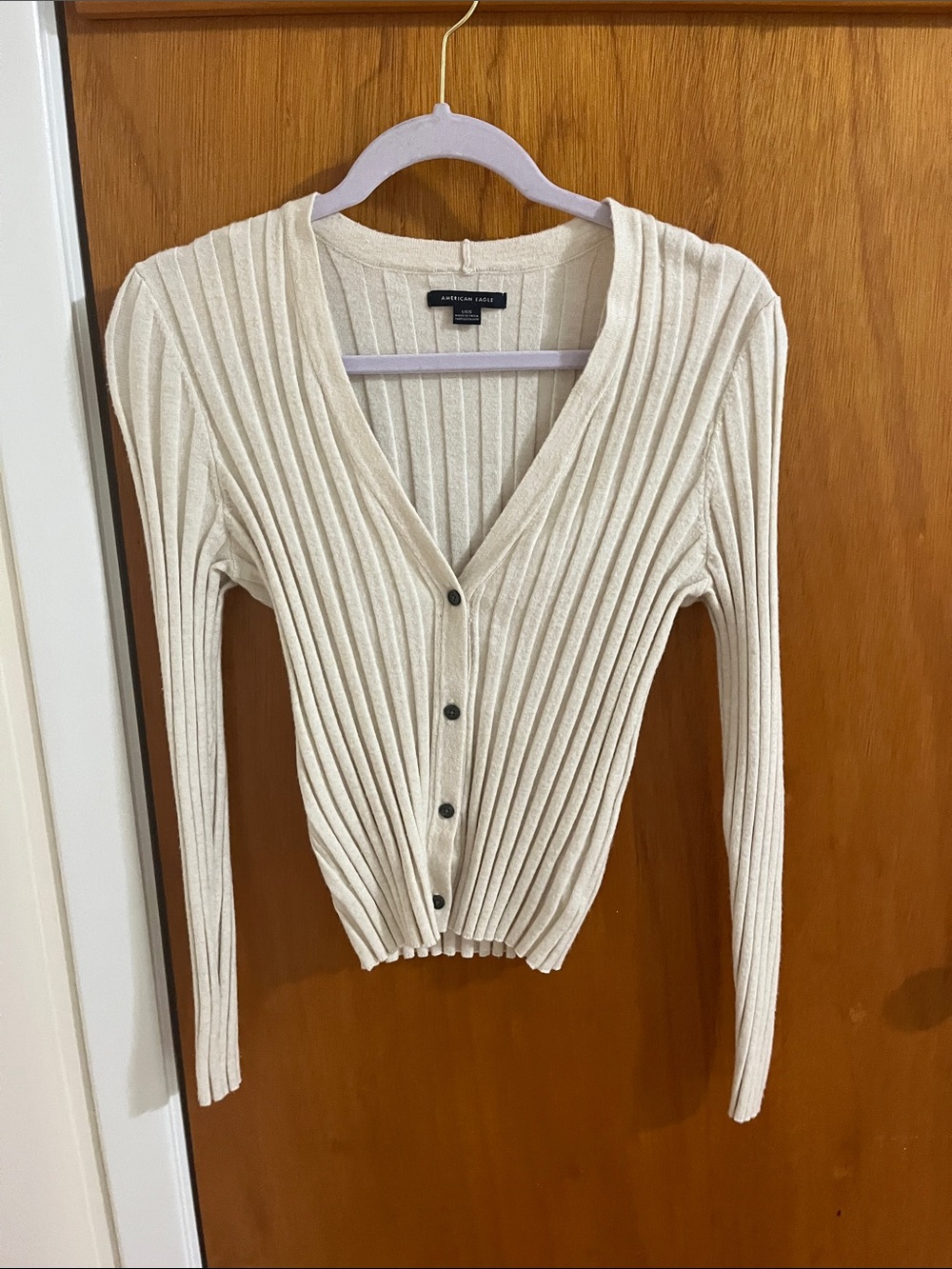 American Eagle Outfitters Cream Ribbed V-Neck Button Cardigan